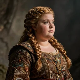 female dwarven noblewoman, chubby short stature, braided intricate hair, by giuseppe - raymondo bernardazzi