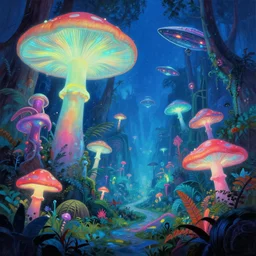 felucia landscape, neon jungle, giant fluorescent fungi, psychedelic, starships, painting by ralph mcquarrie
