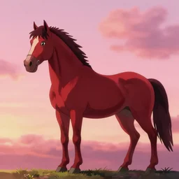a spiked demon next to a red horse in a pink sky medium shot of horse | bekinski antiquity marble anime film studio ghibli golden hour cinematic lighting sunset cell shading gottfried helnwein painting film cinematic 4 k