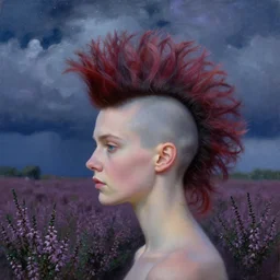 closeup, huge flower head mohawk, woman in heather field, surreal photography, starlight, storm clouds, impressionist painting, digital painting, artstation, simon stalenhag