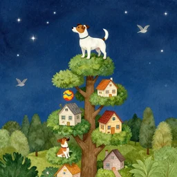 jack russel dog climbing!!!! tall structure built from a tree a house and a ball, birds eye view, surrounded by stars, at night time, stars, illustrated by peggy fortnum and beatrix potter and sir john tenniel