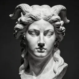 angry medusa head marble statue hard light black and white photo