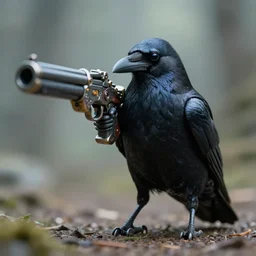 portrait of small bipedal fantasy realistic raven!! holding carrying alien fantasy gun weapon, barrel aimed at towards screen, cinematic, portrait, macro, from the new science fiction movie, 8 k, f 1. 8!!!
