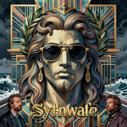 ! dream synthwave outrun art - deco poseidon wearing sunglasses and a laurel wreath | highly detailed | very intricate | symmetrical | cinematic lighting | award - winning | closeup portrait | 8 0 s nostalgia | stormy ocean in the background | painted by donato giancola and mandy jurgens and charlie bowater | featured on artstation