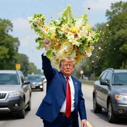 Donald trump throwing ceasar salads at cars, united states highway, mid shot, exploding salad, staring into camera