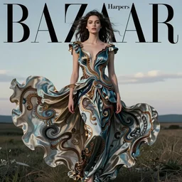 portrait of a beautiful woman, flowing silk dress, surreal, simon stalenhag, harper's bazaar art fashion magazine, intricate, 8 k render in octane, sharp focus, award winning landscape photography