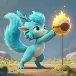 cyan cute spirit axie pet hitting target by his long spiky tail, fantasy, studio ghibli, style artstation, style greg rutkowsk, octane render, unreal engine 6, epic game graphics, fantasy, conceptual art, ray tracing