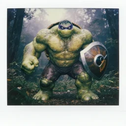 a badass turtle fighter oversized hulked animal anthropomorphic with a shield made out of a turtle shell, on deep forest peak, action pose, cinematic focus, polaroid photo, vintage, soft lights, foggy, by oleg oprisco, by thomas peschak, by discovery channel, by victor enrich, by gregory crewdson
