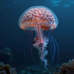 jellyfish with an anatomical brain, beautiful, cinematic, hyper realistic, detailed, digital art, underwater, horror