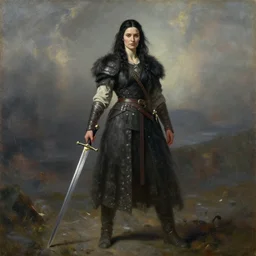 a tall viking woman with black hair holding a sword oil painting