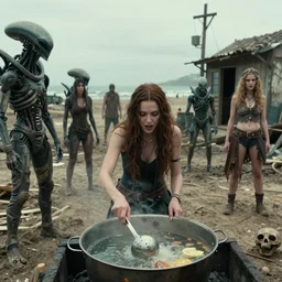 she makes the deep boil. dark fantasy about casually - dressed women with male humans in dirty seaside town, a globster, and beautiful song. color!! cinematic still from a 2 0 1 1 action - packed hunting!!! hybridizing!! alien - robot invasion science - fiction movie by frank miller. assimilating alien military vehicles and weapons.