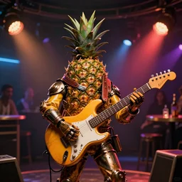 a steampunk pineapple, playing electric guitar at a night club, focus on the pineapple, cinematic lighting, exaggerated detailed, unreal engine, octane render, trending on artstation, art by greg rutkowski, 4 k