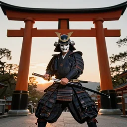 a godlike and indomitable helmeted and masked samurai posing with their realistic detailed katana and wakizashi under an enormous Torii gate, the rising sun in the background. Badass pose. Photo realistic. Award winning