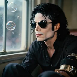 michael jackson 2 0 0 9 wearing shades, alone, this is it style, photo real, pores, motion blur, sitting with bubbles the chimp window open, real life, spotted, ultra realistic face, accurate, 4 k, movie still, uhd, sharp, detailed, cinematic, render, modern