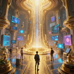 extremely beautiful high detailed long portrait of a an interior scene with a temple of internet. by daniel f. gerhartz and jose daniel cabrera pena and leonid kozienko and greg rutkowski. intricate details, sci - fi details, hi - tech details, a lot of displays, digital glow, energetic mood, golden ratio, trending on artstation, volumetric lighting