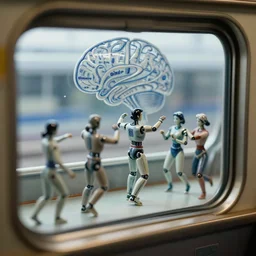 fuji gfx, closeup, tilt shift ; beautiful hyperrealistic film still from devanagari movie of traveling cyborg dance scene directed by tati in style of 1 9 9 0 s frontiers in miniature porcelain kintsugu macro design magazine seinen manga edition, real - life shinkansen window view of porcelain sci - fi font brain map, highly detailed
