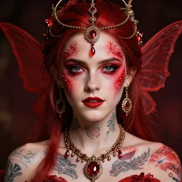 portrait of red fairy, symmetric, facepaint facepaint facepaint, intricate jewelry, trending on artstation 4 k, high quality, in the style of karol bak and tom bagshaw, bust with face of emma watson, tattoos