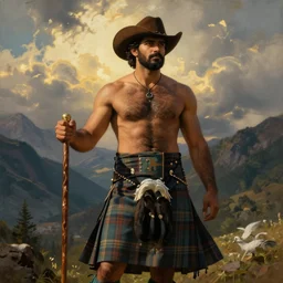 a dramatic epic beautiful painting of a shirtless hairy handsome desi man | he is wearing scottish highland kilt and cowboy hat, and holding a walking stick | background is mountains and clouds | dramatic lighting, golden hour, homoerotic | by mark maggiori and bill ward and gaston bussiere | trending on artstation