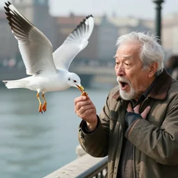 a seagull stealing food from a surprised old man