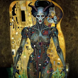 depraved cybernetic demon, circuitry, intricate detail, klimt, frazetta, giger,
