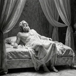 movie still of socrates frozen in a gigantic marble bedroom with drapery under the rain, cinestill 8 0 0 t black and white, by andrei tarkovsky, very heavy grain, high quality, high detail, ultra wide lens, sharpness, flares, anamorphic, foggy, mud, rain