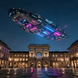 piazza san carlo in turin in the style of blade runner, giant spaceship in the sky, neon lights, futuristic, cyberpunk, sharp focus, matte painting, artstation