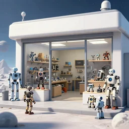 in front of a store selling robots and robot parts, [ some robots on display outside ] of the store, in a remote outpost, on an alien planet, from a space themed point and click 2 d graphic adventure game, set design inspired slightly by tomb raider, art inspired by thomas kinkade and [ [ mark keathley ] ]