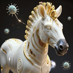hyper detailed ultra sharp portrait of a beautiful well contoured porcelain ivory smooth fair cyborg zebra, up close shot, sharp focus, global illumination, radiant light, biomechanical golden rhizomorphs, cyberpunk brackets, laser cut paper microbes, alexandre ferra white mecha, irakli nadar, alexander mcqueen, octane highly render, 4 k, ultra hd,