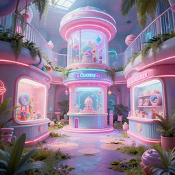 futuristic, neon, intricate, vaporwave, pastel colors, hd 8 k, unreal engine, abandoned, overgrown, candy shop