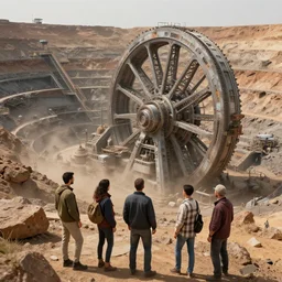 windswept vista overlooking a terraced mine with massive futuristic mining wheel. jasmin habezai - fekri, anton fadeev, tony zhou shuo, greg rutkowski, unreal engine 5