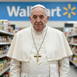 Pope Francis at Walmart wearing a maid uniform, very highly detailed, photorealistic