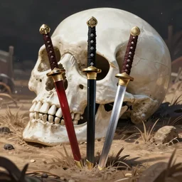 a beautiful masterpiece of three samurai swords stuck in the ground on a battlefield with a giant skull laying deep in the ground, manga panel, black and white, rich detail, epic landscape, fine detail, grit, dramatic, cinematic, atmospheric, unreal engine, trending on artstation