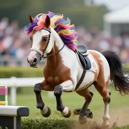 action shot from a distance of 2 0 m of a hybrid my little pony ( appaloosa horse ), professional, high quality, multi colored mane, at a steeplechase horserace, 4 k, dof, bokeh, action, dramatic lighting, photorealistic, detailed, hq, photorealism, digital art