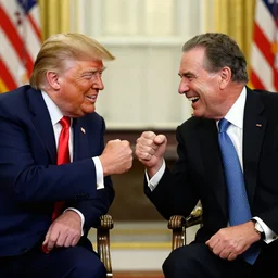donald trump drinking chinese tea with richard nixon, fist - bumping, happy, smiling laughing