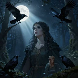 the morrigan, celtic goddess, ravens, god rays, moonlight, starry night sky, forest, natural, octane render, rossdraws, tom bagshaw, ross tran, charlie bowater, greg rutkowski, artgerm, alphonse mucha, 1 6 k, soft lighting, character illustration, headroom