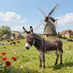 Village observes beautiful donkey standing near a windmill, spots of red flowers nearby, medieval french landscape, Carcassonne, by Stanley Artgerm Lau, WLOP, Rossdraws, frank frazetta, Andrei Riabovitchev, Marc Simonetti, tranding on artstation