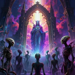 [ palate ] [ vibrant gothic colors ] alien soul spirits congregating in front of a giant intricate gothic gateway, god figure waiting behind the gate, vibrant neon nebulous clouds, hyper realistic illustration, radiant light rays, photorealistic illustration, intricate and fine details, volumetric lighting, artstation