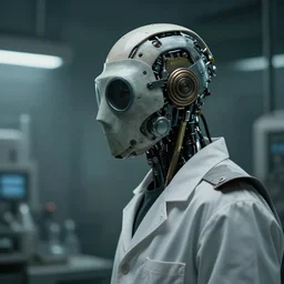 a half - masked peculiar laboratory engineer man with cybernetic enhancements as seen from a distance, scifi character portrait by greg rutkowski, esuthio, craig mullins, 1 / 4 headshot, cinematic lighting, dystopian scifi gear, gloomy, profile picture, mechanical, half robot, implants, steampunk