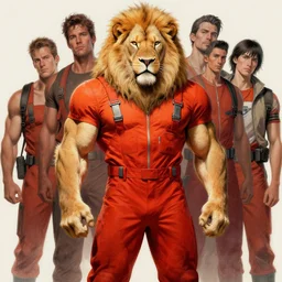 aesthetic portrait commission of a  of a male fully furry muscular anthro albino lion in orange in full body red jumpsuit outfit like from the film Us (2019) by Jordan Peele ,digital art,art by greg rutkowski, charles bowater, charlie bowater, ross tran, artgerm, and makoto shinkai, detailed face,hyperdetailed,photorealistic,artstation,deviantart,4k,detailed, inked, western comic book art, award winning painting ,high definition