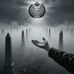arm reaching out of thick fog, rows of obelisks in the distance, intricate zdzislaw beksinski