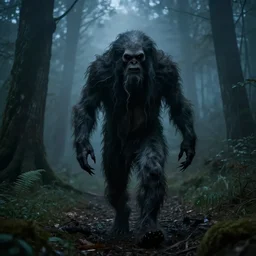 A creepy wendigo walking through the woods at night with fog
