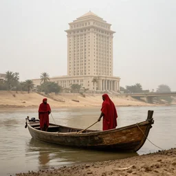 a man in red drapery in a blood barque on a river next to a neoclassical high - rise in the desert, leica sl 2 5 0 mm, heavy grain, high quality, high detail, foggy, mud