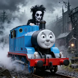 thomas the tank engine in a graveyard gothic makeup majestic scenery high detail glow mist
