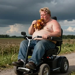 morbidly obese geert wilders eating a whole chicken while sitting in a mobility scooter