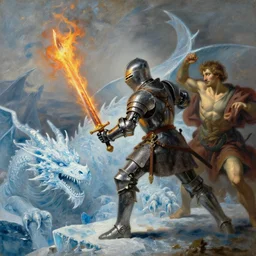 landscape realistic painting image of a templar knight with one mechanical hand, carrying a fire sword and wielding it at the ice dragon. dramatic scene, realism, created by gustave courbet and michaelangelo, trending in artstation, fine art, smooth draw with oil painting.