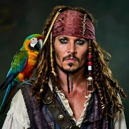 johnny depp as jack sparrow has a parrot on his shoulder, realistic portrait, 8k resolution, hyper detailed, studio lighting, cinematic