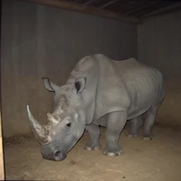 a rhinoceros in a brute room, by mini dv camera, very very low quality, heavy grain, very blurry, caught on trail cam