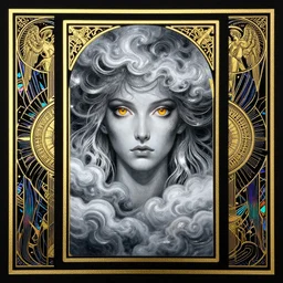 storm god, mist of swirling clouds, painted by 秋 屋 蜻, with multiple golden boarders on black paper background + black paper with intricate and vibrant prismatic line work + tarot card + angelarium, art deco, art nouveau + shiny and full of silver layers + symmetrical portrait + visually striking amber eyes + trending on artstation