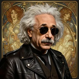 albert einstein as james bond wearing sunglasses and a leather jacket, photography of kurzgesagt, deep focus, d & d, fantasy, intricate, elegant, highly detailed, digital painting, artstation, concept art, matte, sharp focus, illustration, hearthstone, art by artgerm and greg rutkowski and alphonse mucha