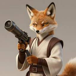 beautiful portrait of a female anthropomorphic coyote fursona wearing jedi robes wielding a rocket - propelled grenade launcher. detailed hands. character design by charlie bowater, ross tran, artgerm, and makoto shinkai, detailed, soft lighting, rendered in octane